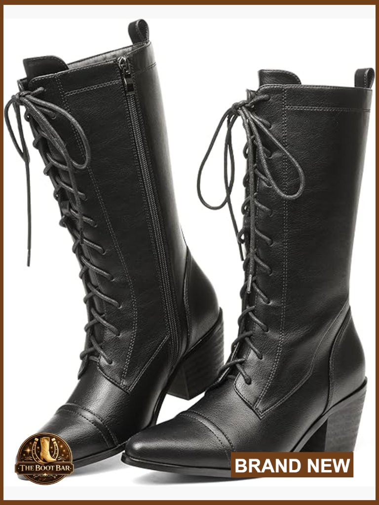 Mid Calf Boots With Chunky Heel, Lace Up Vintage Combat Style